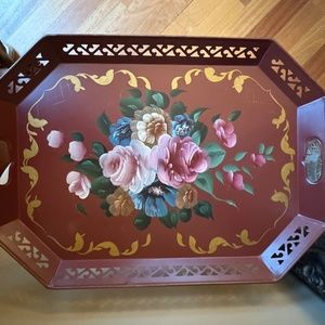 Large 22" Vintage Hand Painted Toleware Floral Tray w/Handles Metal Red